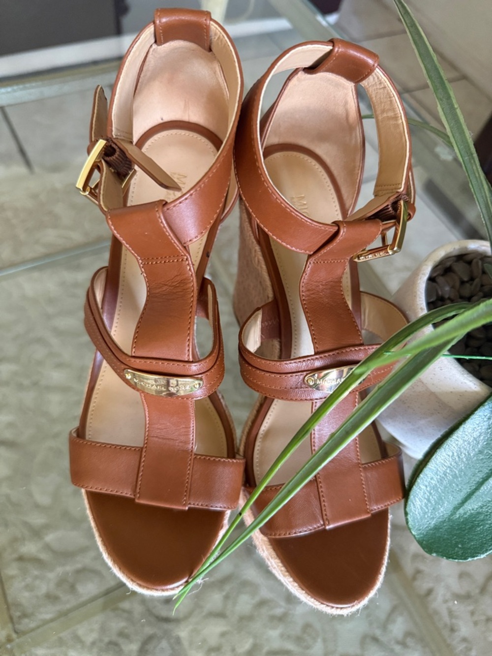 Michael Kors Cognac Leather Wedge Sandals with Gold Accents